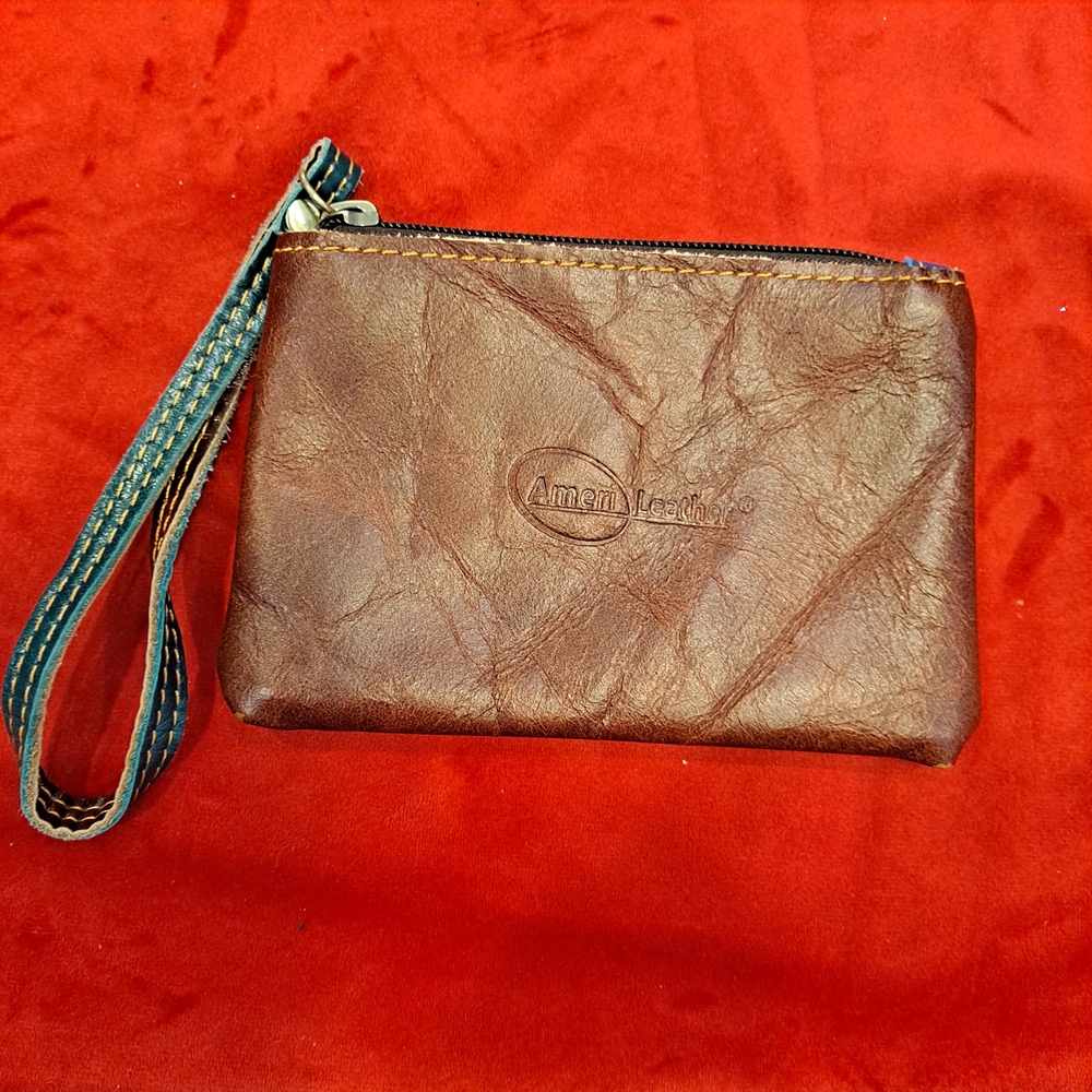 Ameri Brown Leather Wristlet Mini Clutch